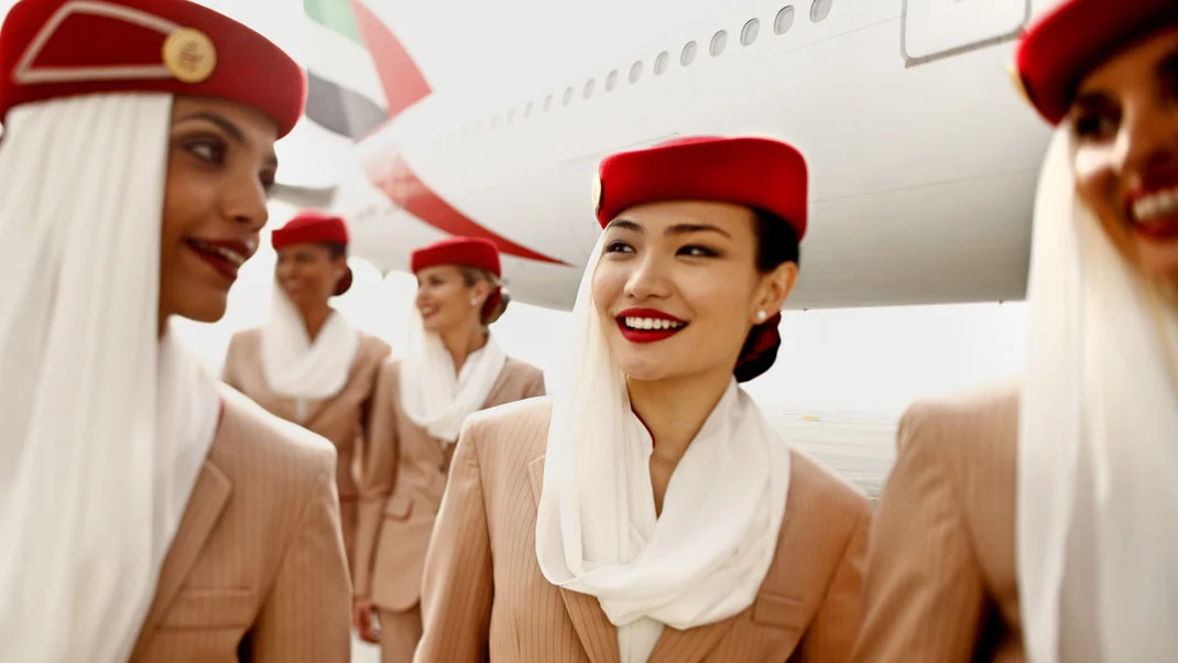 Emirates Cabin Crew in their classic uniform smiling at each other